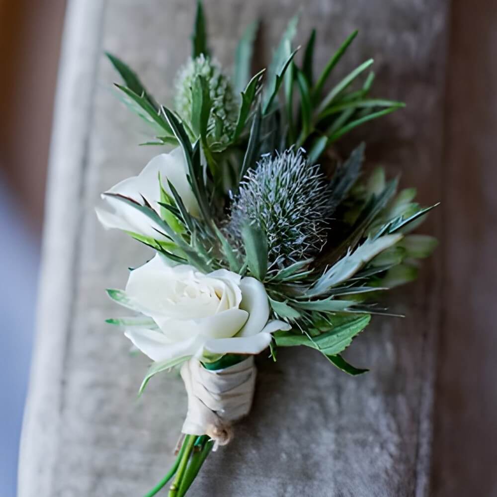 wedding bouquet with blue thistle eryngium