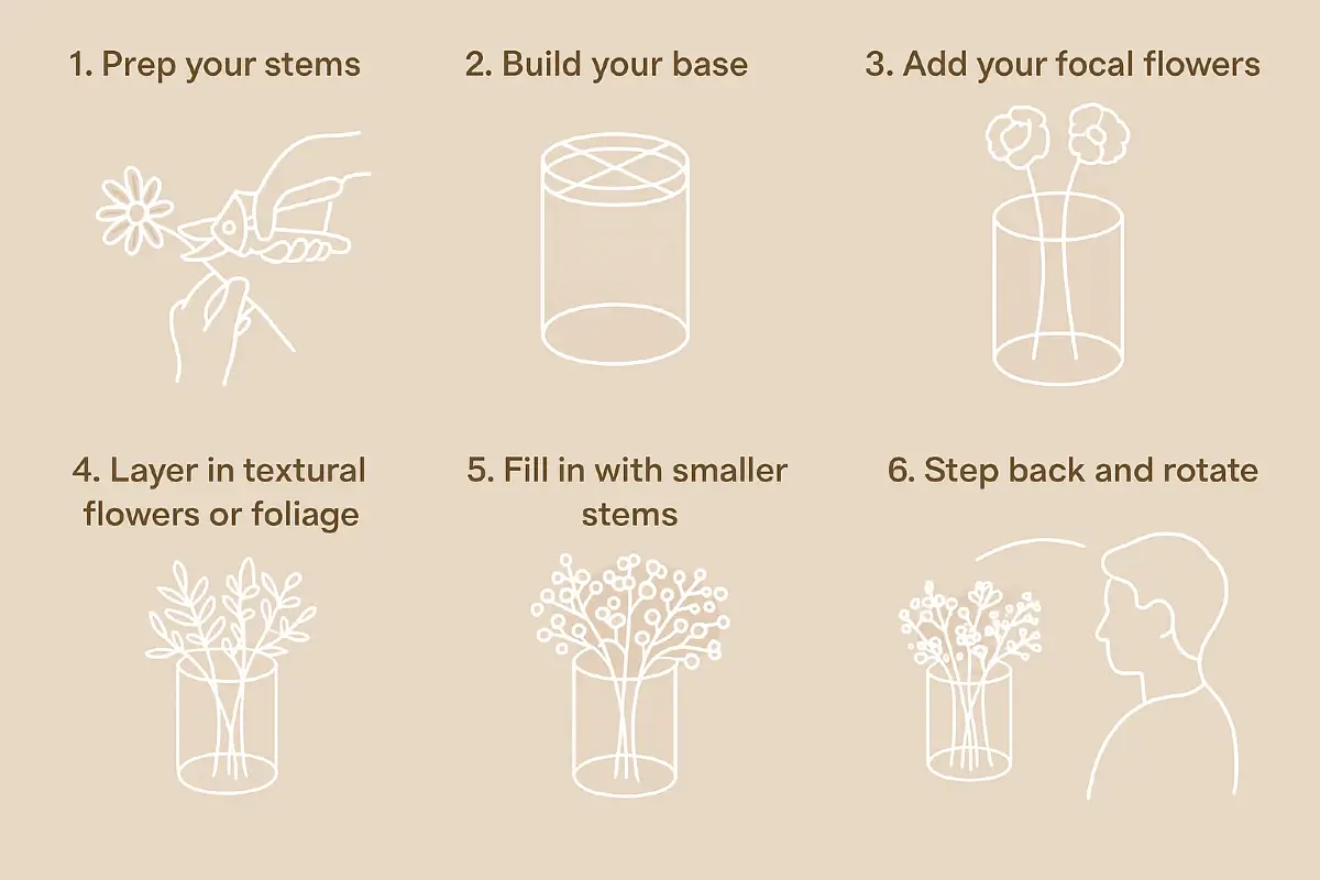 Infographic showing six steps for DIY flower arranging, including stem prep, base building, and flower placement