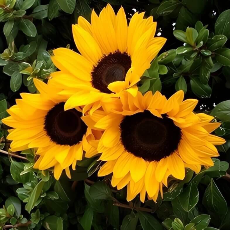 Bright yellow sunflowers used with purple flowers in complementary designs