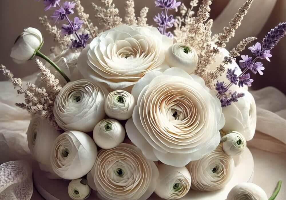 DIY floral arrangement with wholesale White Beach Roses, White Ranunculus and Purple Stock