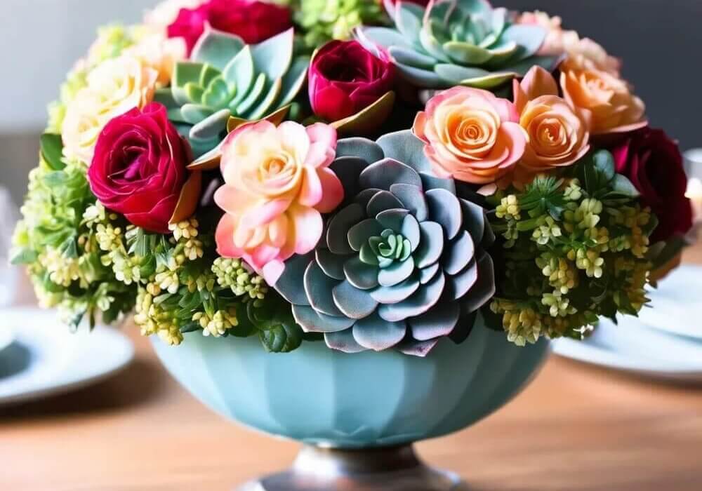 floral arrangement featuring succulents, roses and other flowers