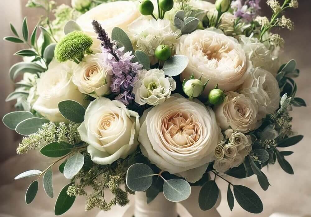 close-up of DIY wedding arrangement featuring White Akito Roses