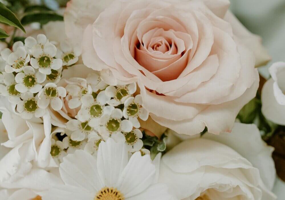 flower arrangement featuring white waxflower