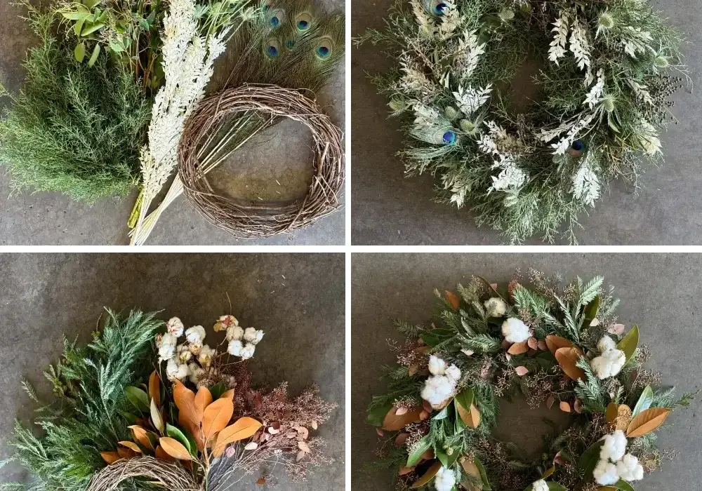 Two DIY holiday wreath kits from Fabulous Florals showing Kit #1 with peacock feathers and silver botanicals and Kit #2 with cotton branches and magnolia, displayed with materials and finished wreaths