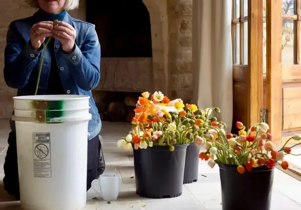 Woman prepping fresh-cut flowers for a DIY wedding with buckets of poppies in natural light